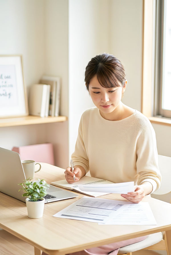 歯科衛生士の女性がノートや資料を見ながら活動内容を整理しているイメージ