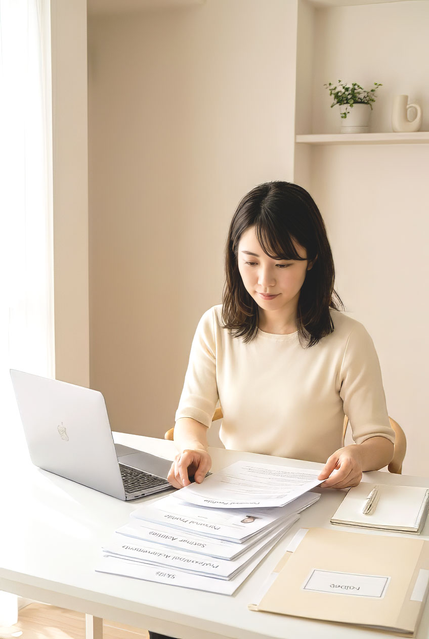 歯科衛生士の女性がノートや資料を見ながら活動内容を整理しているイメージ